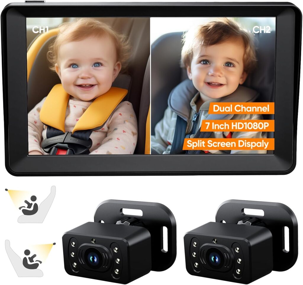 Baby Car Camera for 2 Kids – 7 Inch HD1080P Split Screen Baby Monitor with Dual Backseat Camera 150° Wide View & 360° Rotatable, Night Vision Easy Install, Rear-Facing Baby Car Mirror