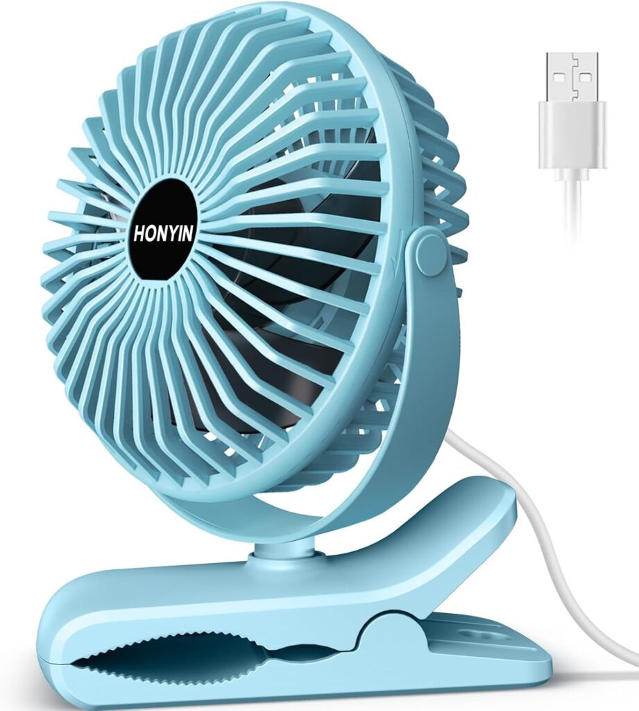 HONYIN 720° Rotation Small Desk & Clip on Fan with Sturdy Clamp, 3 Speeds, Quiet Little Personal Cooling Fan by USB Plug In, for Bedroom Office Desktop Treadmill