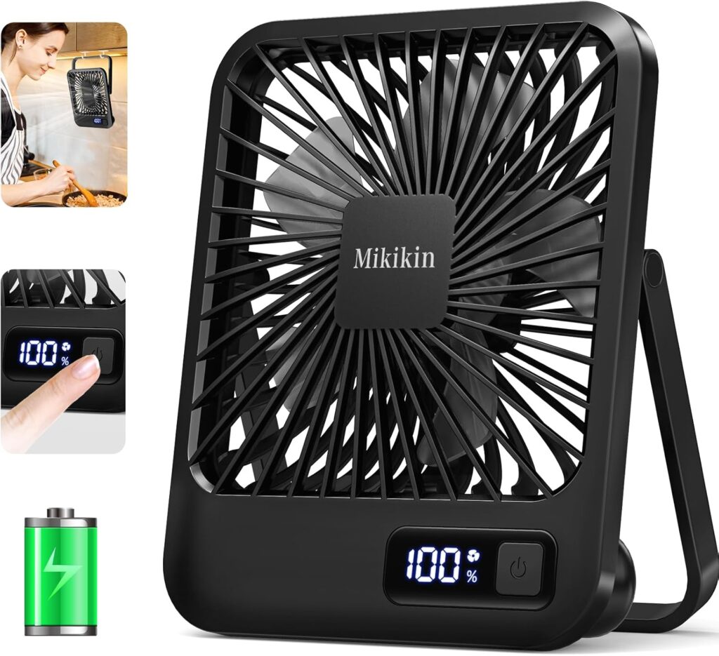 Desk Fan Battery Operated, Portable USB Rechargeable Fan, 2000mAh 180° Tilt Folding Personal Fan With Power Display, 5 Speeds Ultra Quiet Table Fan for Desktop, Home, Travel – Black