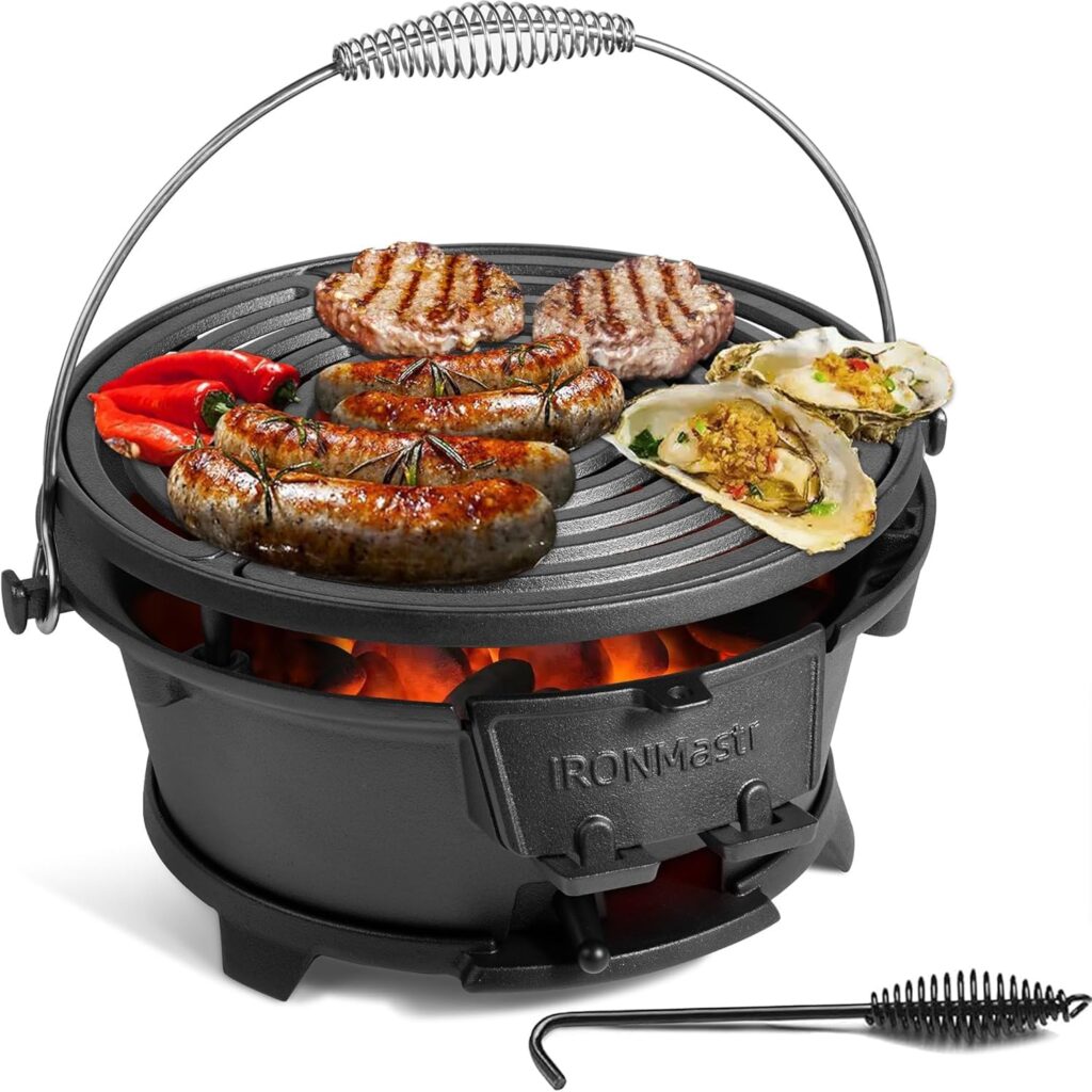 IronMaster Hibachi Grill, 100% Cast Iron, Tabletop Small Portable Charcoal Grill for Outdoor Camping – 2 Heights, Air Control, Coal Door, Ideal for 2 People