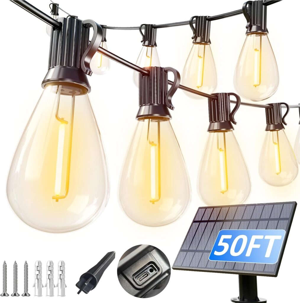 luckystyle 50FT Solar String Lights Outdoor Waterproof with 18+1 LED Bulbs Long Last for 20+Hrs, Commercial Grade Shatterproof USB Patio Solar Powered Lights for Camping,Backyard, Garden, Porch Decor