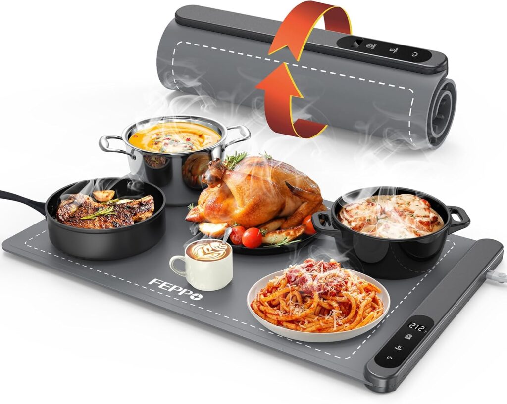 FEPPO Food Warming Mat, Upgrade High-tech Graphene Heating Film, Fast Full Surface Electric Warming Tray with 6 Level Adjustable Temperature and 6 Hours Timer, Roll Up Food Warmers for Parties Buffet