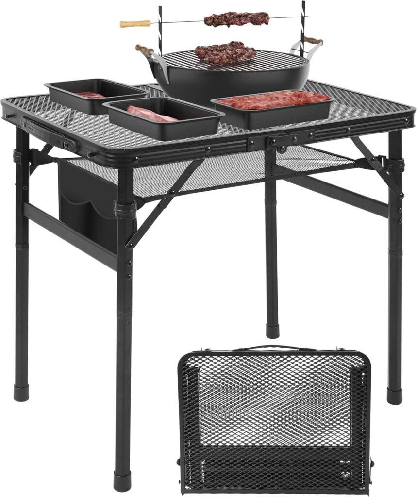 Camping Portable Folding Grill 2×1.3 FT Table, Lightweight Height Adjustable Metal Picnic Outdoor Table with Mesh Desktop and Mesh Bag, Picnic, Beach and BBQ, Party