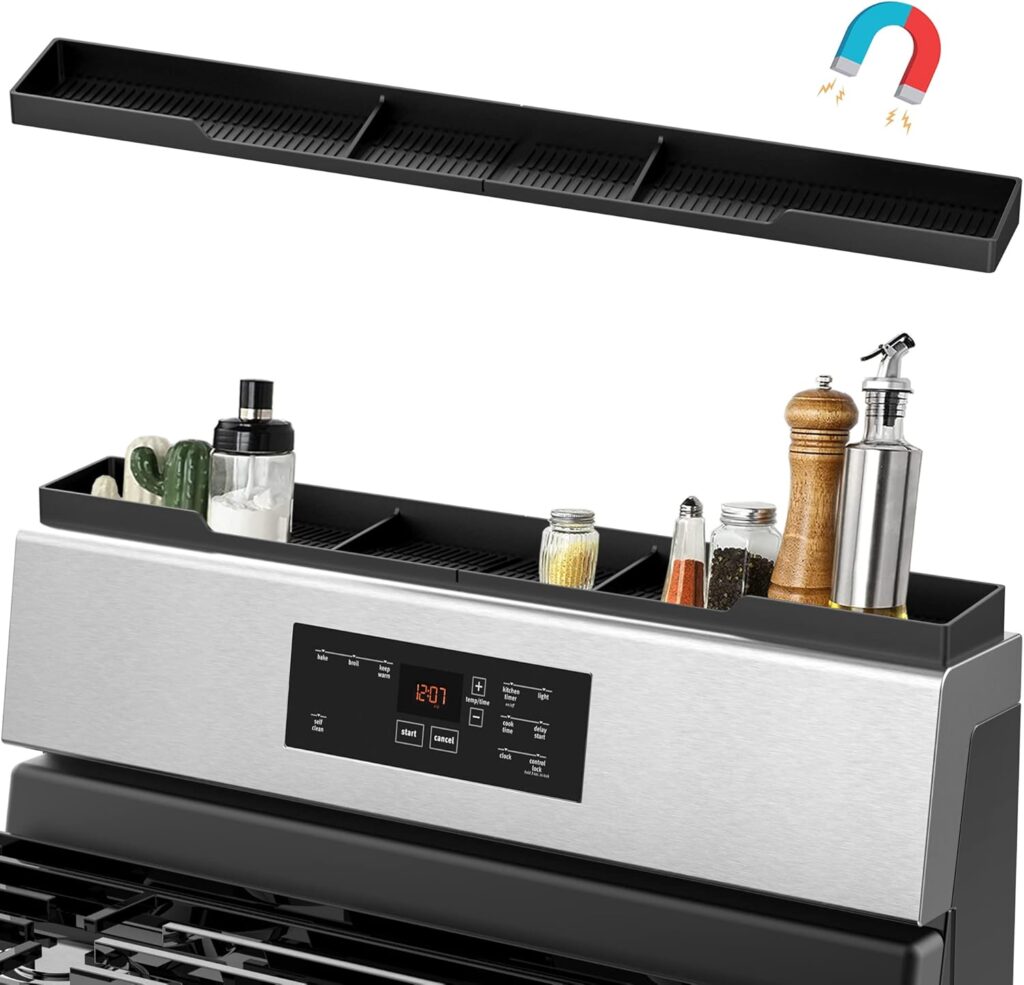 AWOKE Stove Top Shelf 30 Inch – Silicone Material Magnetic Shelf for Stove – 3 Functional Partitions Kitchen Spice Rack Organizer-Black,Kitchen Gadgets Storage Organization