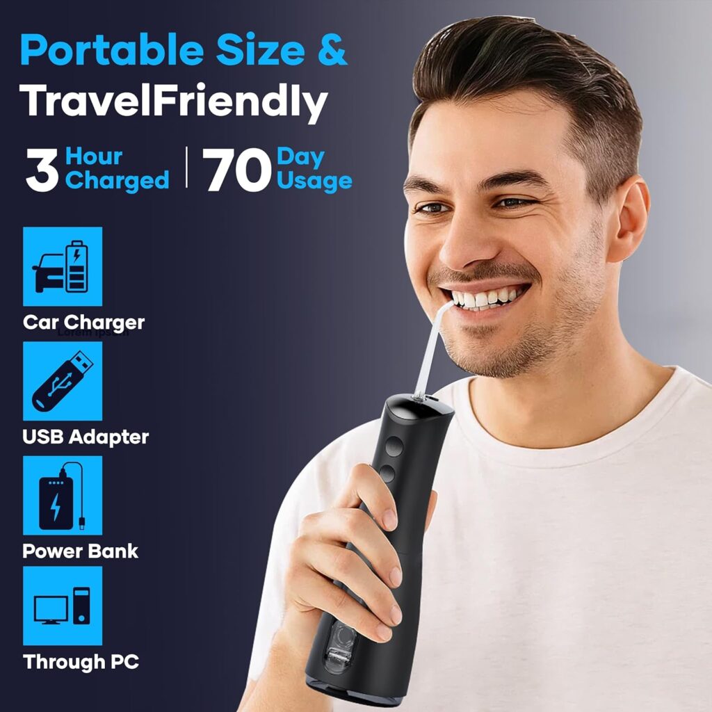 Cordless Water Flosser, Water Dental Flosser, Rechargeable Irrigation Cleaner,4 Modes Portable Water Flosser with 5 Nozzles, Water Flossers for Teeth, Dental Tools (Black)