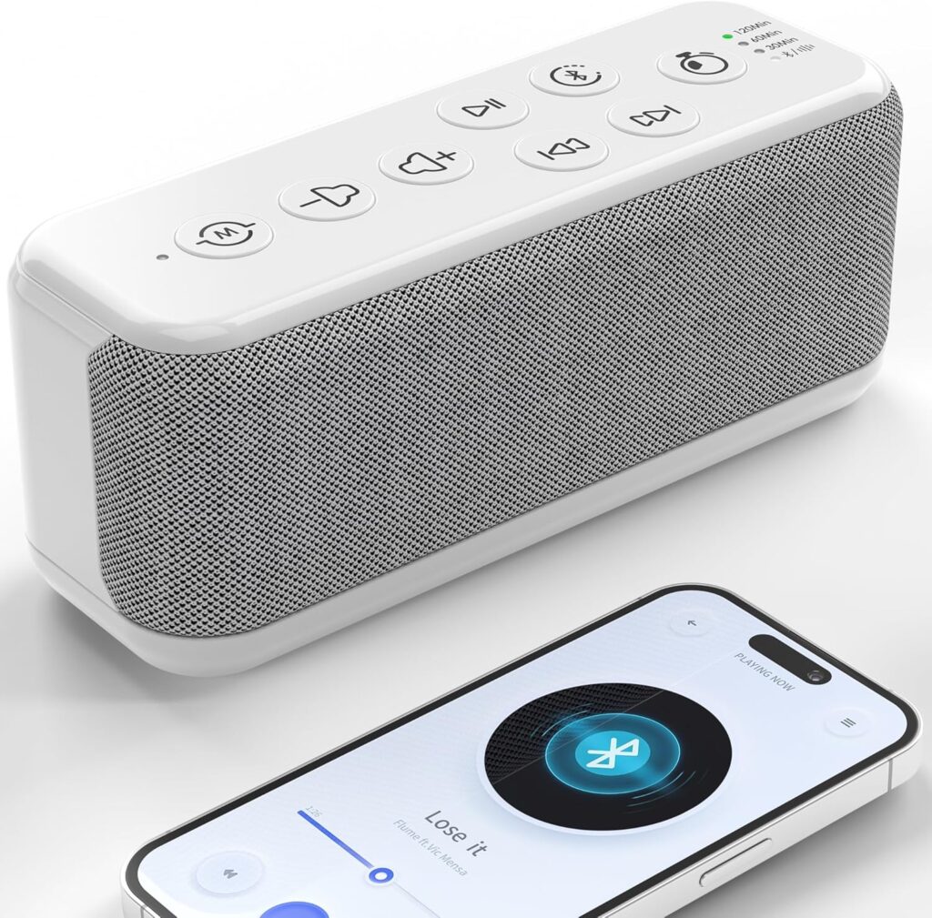 White Noise Sound Machine with 3000mAh Rechargeable Battery – Bluetooth Sleep Sound Machine with 15 Soothing Sounds, Auto-Off Timer & Headphone Jack, Portable Sound Machine for Adults, Baby & Home Use