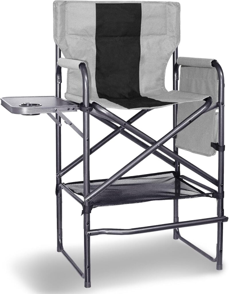 30″ Tall Directors Chair with Side Table, 400LBS Bar Height Folding Camping Chair for Makeup Artists, Outdoor Events, Portable Foldable Chair with Cup Holder & footrest – Gray/Black