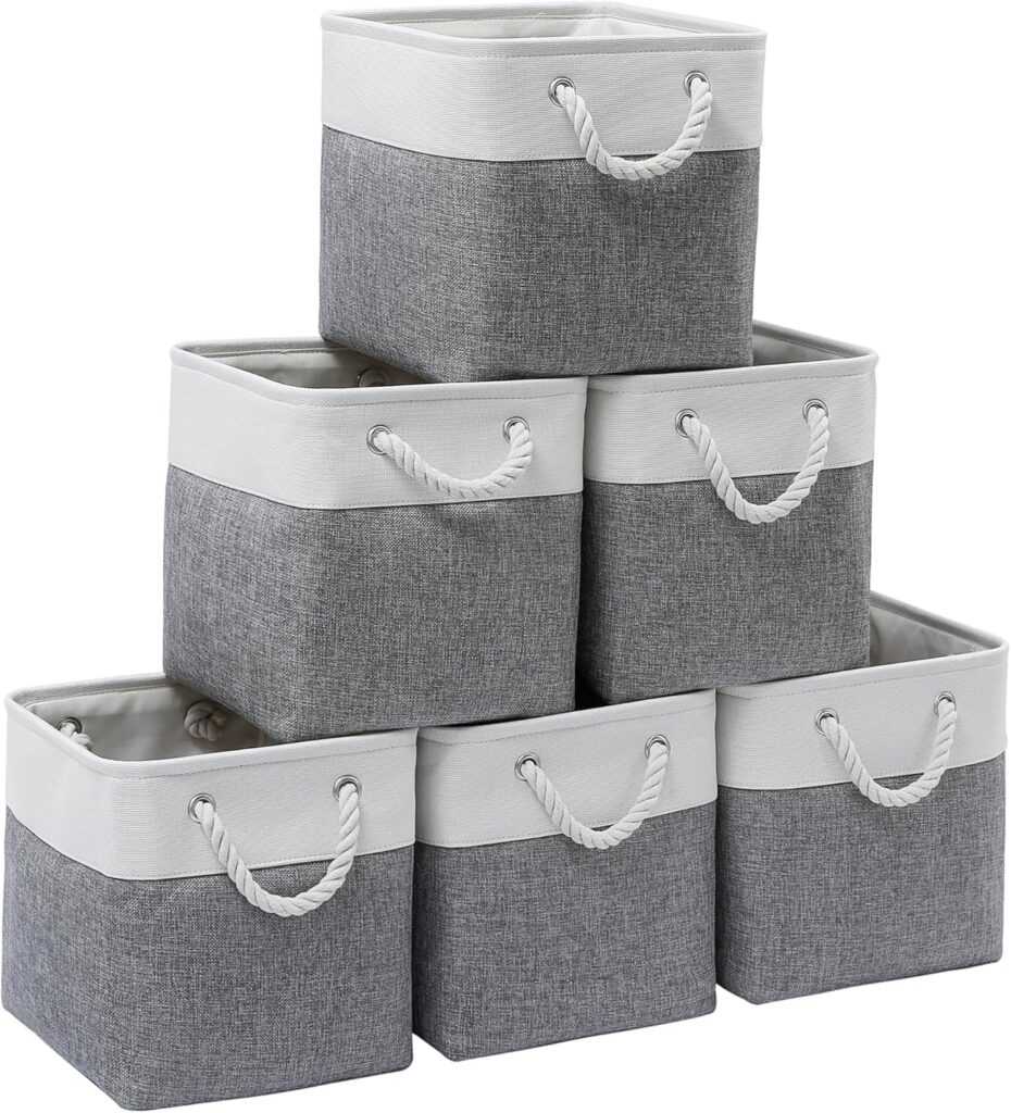 11 x 11 Inch Storage Cubes, 6 Pack Large Collapsible Fabric Storage Bin with Ropes, Foldable Storage Cubes for Home, Office,Closet, Clothes, Toys Organizer (White&Gray)