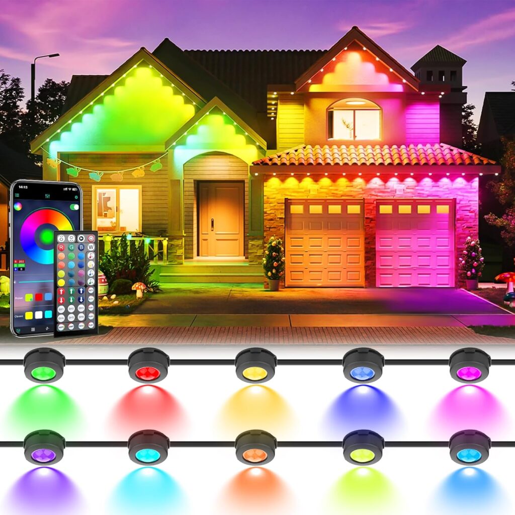 50FT Permanent Outdoor Lights, Waterproof 2-in-1 Eaves & Ground Stakes LED String Lights with App/Remote Control for House, Garden– Smart Color-Changing Lighting for Halloween Christmas Decorations
