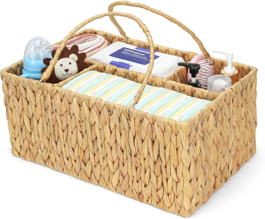 Large Baby Diaper Caddy Organizer, Handwoven Water Hyacinth Storage Basket, Portable Wicker Car Diaper Storage Bin for Nursery and Travel
