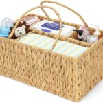 Large Baby Diaper Caddy Organizer, Handwoven Water Hyacinth Storage Basket, Portable Wicker Car Diaper Storage Bin for Nursery and Travel