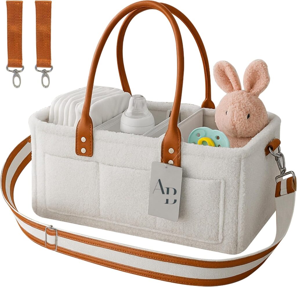 Baby Diaper Caddy Organizer with Handle, Large Nursery Storage Basket with Shoulder Strap and Stroller friendly, Portable Car Organizer for Diapers, Wipes, and Newborn Essentials