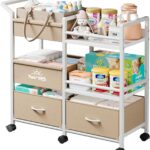 Baby Diaper Caddy Organizer, 3 Tier Rolling Storage Cart with Dividers and Drawers, Bedside Utility Cart for Nursery Essentials, Large Capacity Mobile Storage Cart for Crib, Bedroom