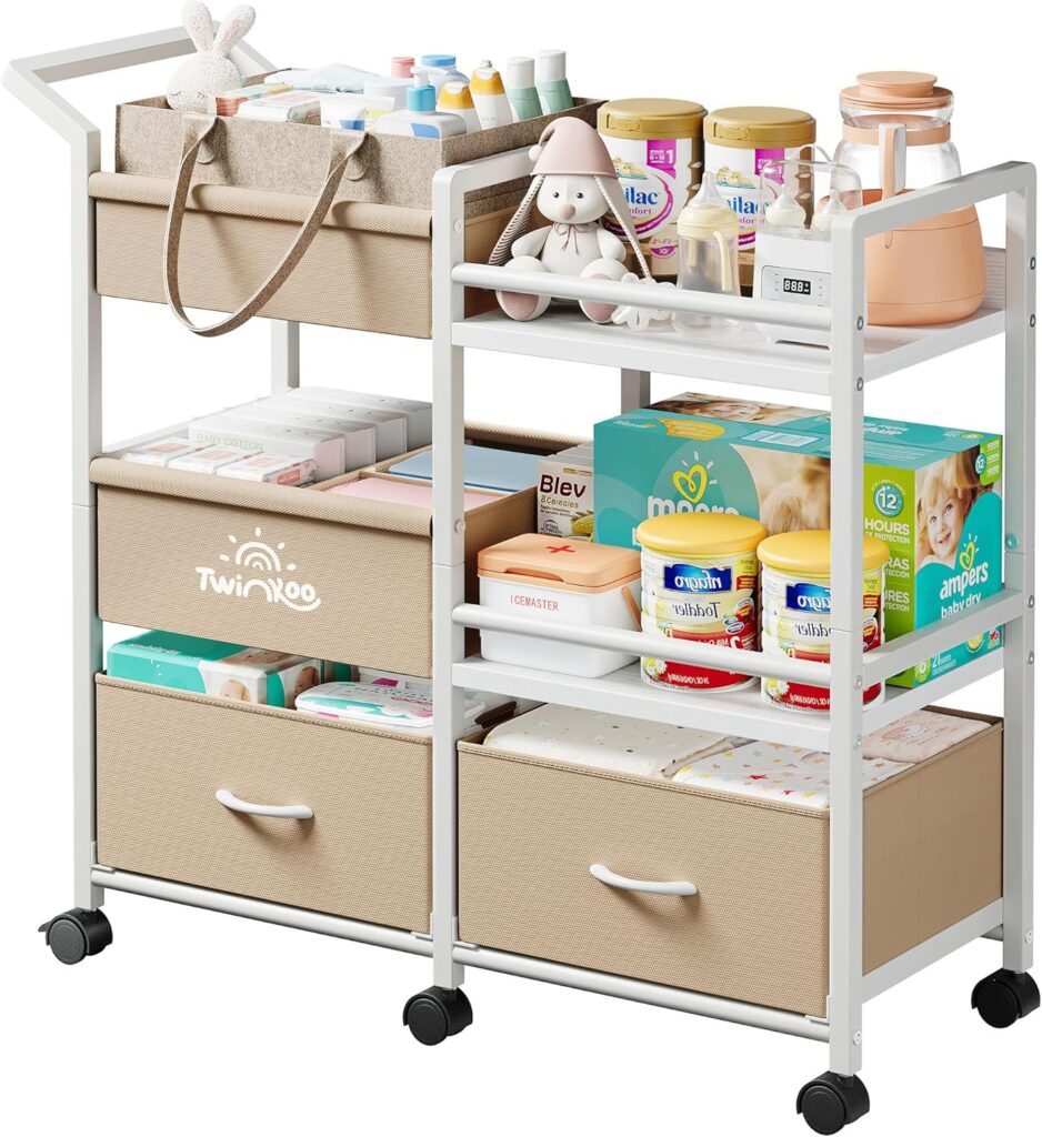 Baby Diaper Caddy Organizer, 3 Tier Rolling Storage Cart with Dividers and Drawers, Bedside Utility Cart for Nursery Essentials, Large Capacity Mobile Storage Cart for Crib, Bedroom