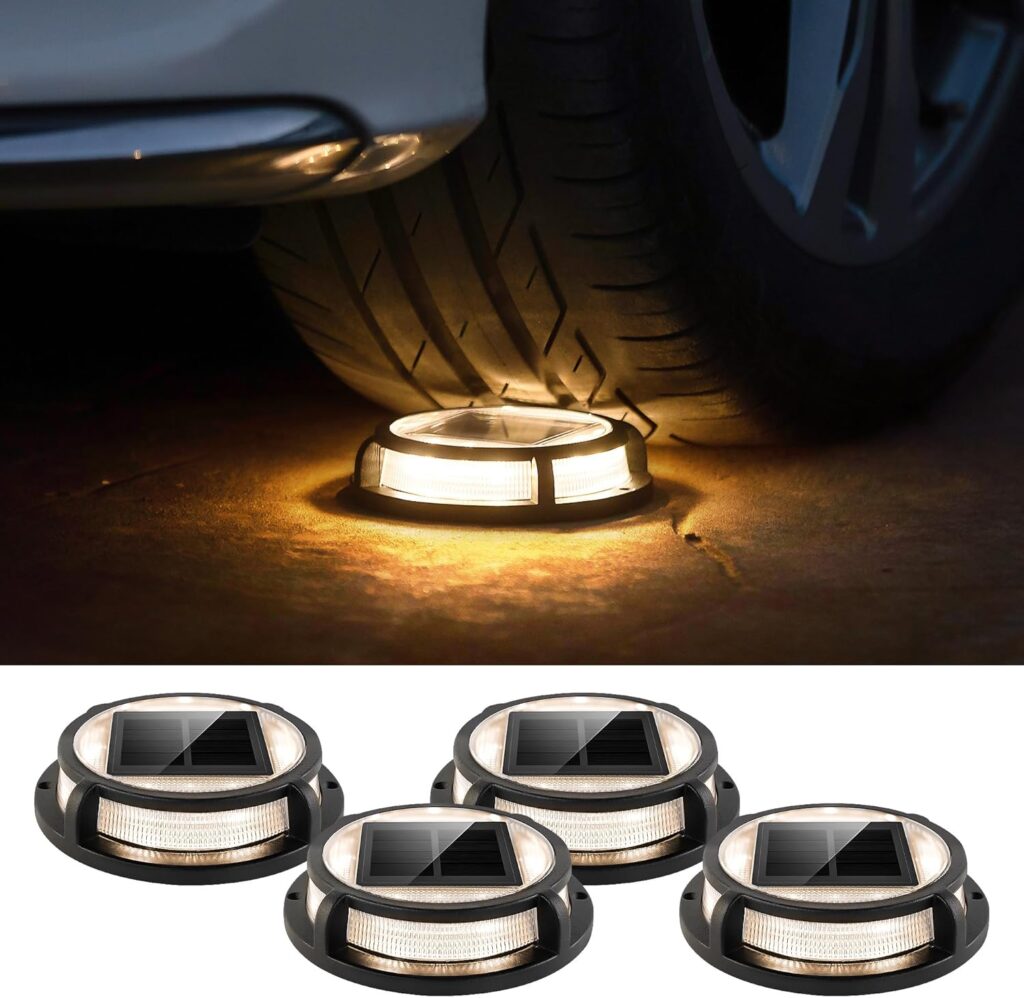 LUTEC 4 Pack Solar Driveway Lights, 12 LEDs IP67 Waterproof Outdoor Solar Dock Driveway Marker Lights for Step, Sidewalk, Pathway, Patio, Garden(Warm White)