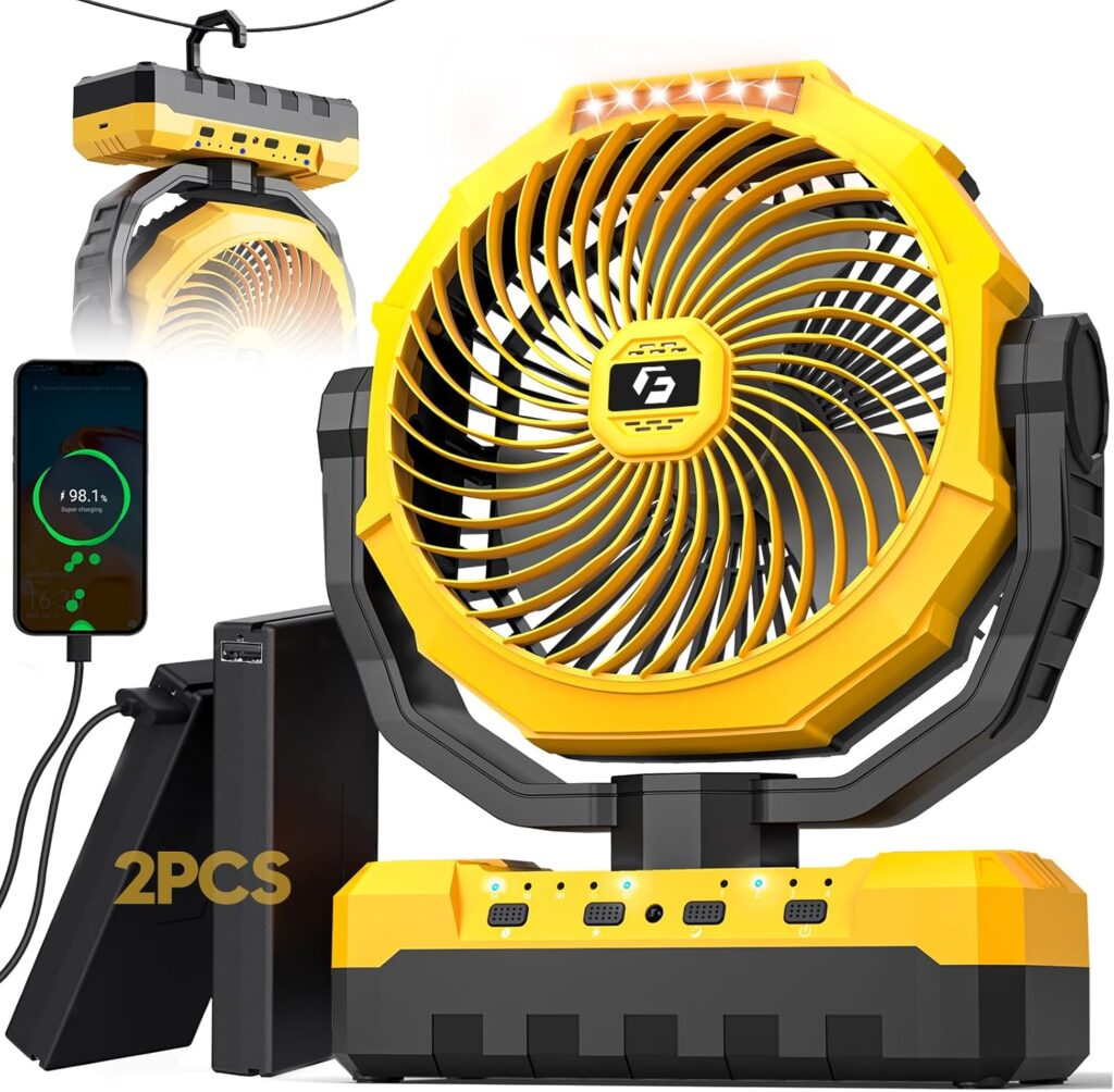 24000mAh Detachable Battery Camping Fan – 3-in-1 Portable Camping Fans with LED & Remote – 4 Speeds Battery Operated Outdoor Fan for Tent,Office,Jobsite,Workshop,Travel