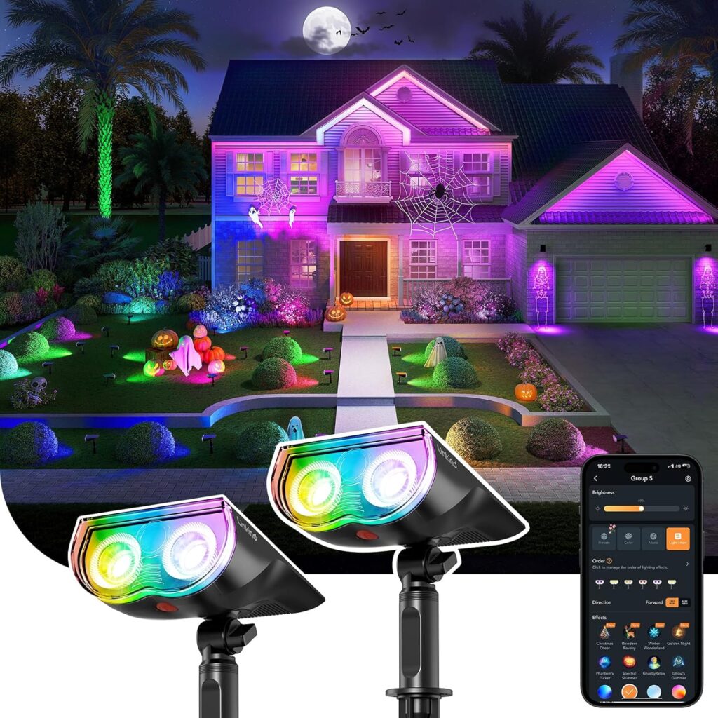 Linkind Smart Solar Spot Lights Outdoor SL5C, Solar Lights Outdoor Spotlight Color Changing APP/Voice Control Landscape Lighting, IP67 Halloween Decorations for Yard, Garden, Pathway(2 Pack)