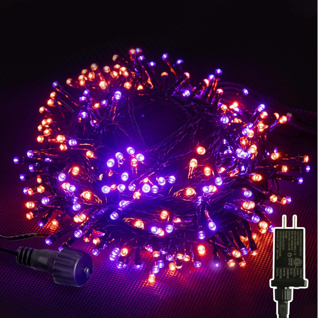 JACKYLED 300LED Purple & Orange Halloween Lights, 109FT Outdoor String Lights Connectable, Memory Function, 8 Modes Indoor Halloween Decorations for Party Carnival Supplies, Outdoor Yard Garden Decor