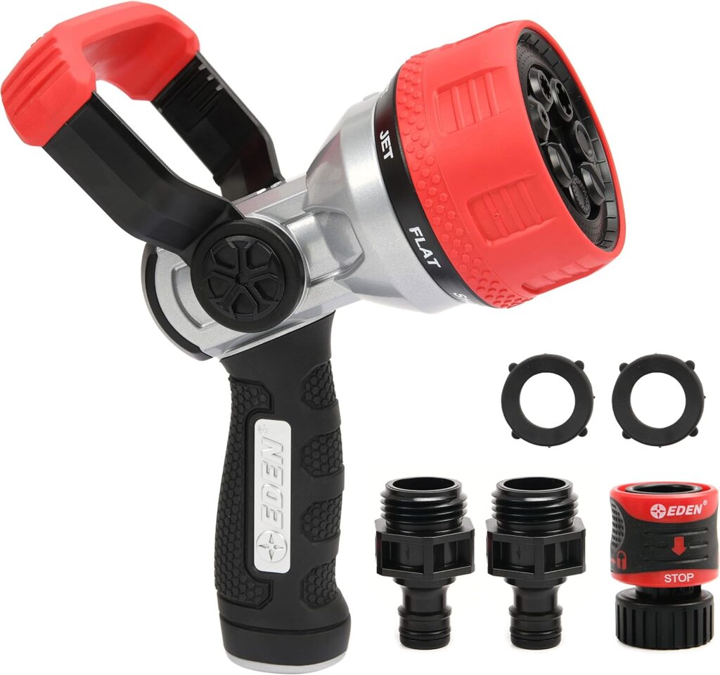 Eden 96806 Heavy Duty Metal Fireman Hose Nozzle, Water Nozzle w 7 Spray Patterns, High Pressure Garden Hose Sprayer w Quick Connect Set for Watering Plants,Garden Lawn