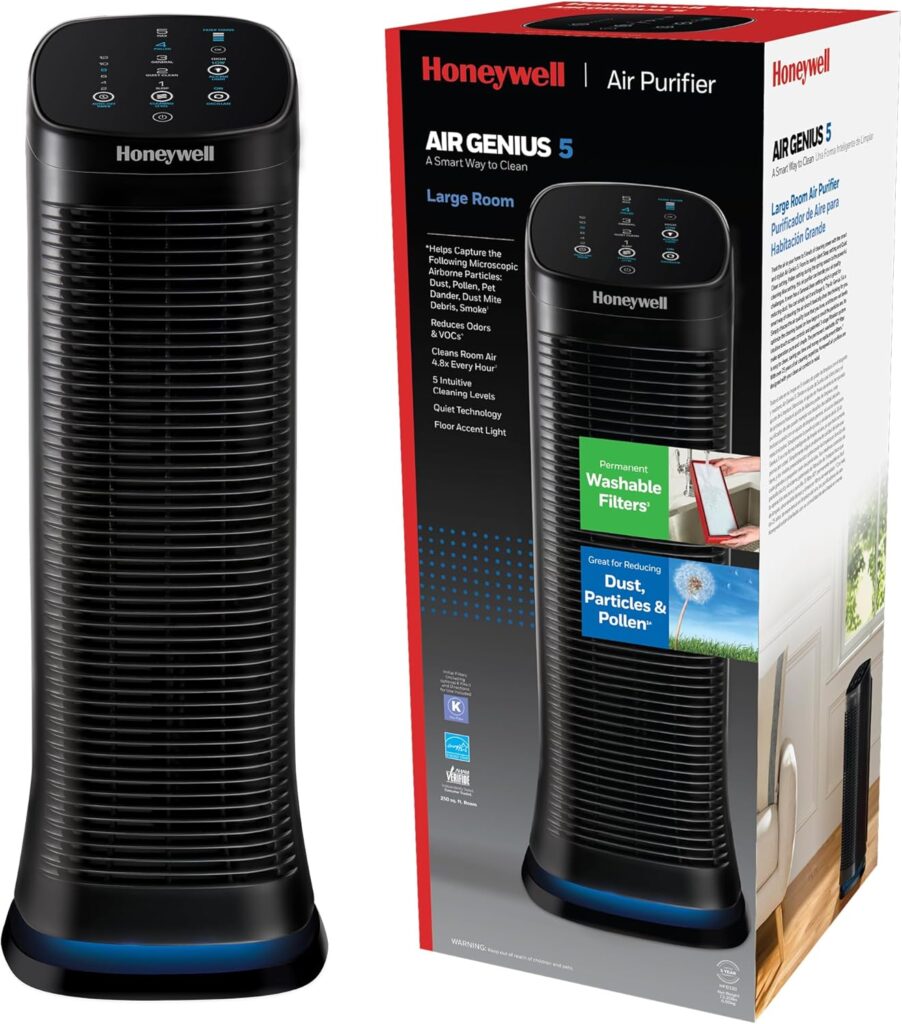 Honeywell Air Genius 5 Air Purifier for Large Rooms up to 1200 Ft², Permanent Washable Filters, Reduces Dust, Pollen, Pet Dander, Odors, Smoke, Black, HFD320