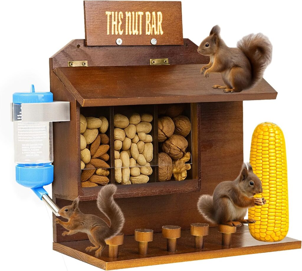 Squirrel Feeder Table with Water Bottle,Wooden Squirrel Picnic Table Feeder,5 Stable Squirrels Stool Bars,Corn Cobs Holder,The Nut Bar,10”x5”x11”, for Outside