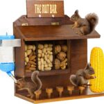 Squirrel Feeder Table with Water Bottle,Wooden Squirrel Picnic Table Feeder,5 Stable Squirrels Stool Bars,Corn Cobs Holder,The Nut Bar,10”x5”x11”, for Outside