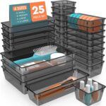 25 PCS Plastic Drawer Organizer Set, 4-Size Versatile Organizer Trays & storage Bins for Makeup, Jewelry, and Gadgets in Bathroom, Bedroom and Office,Clear Black