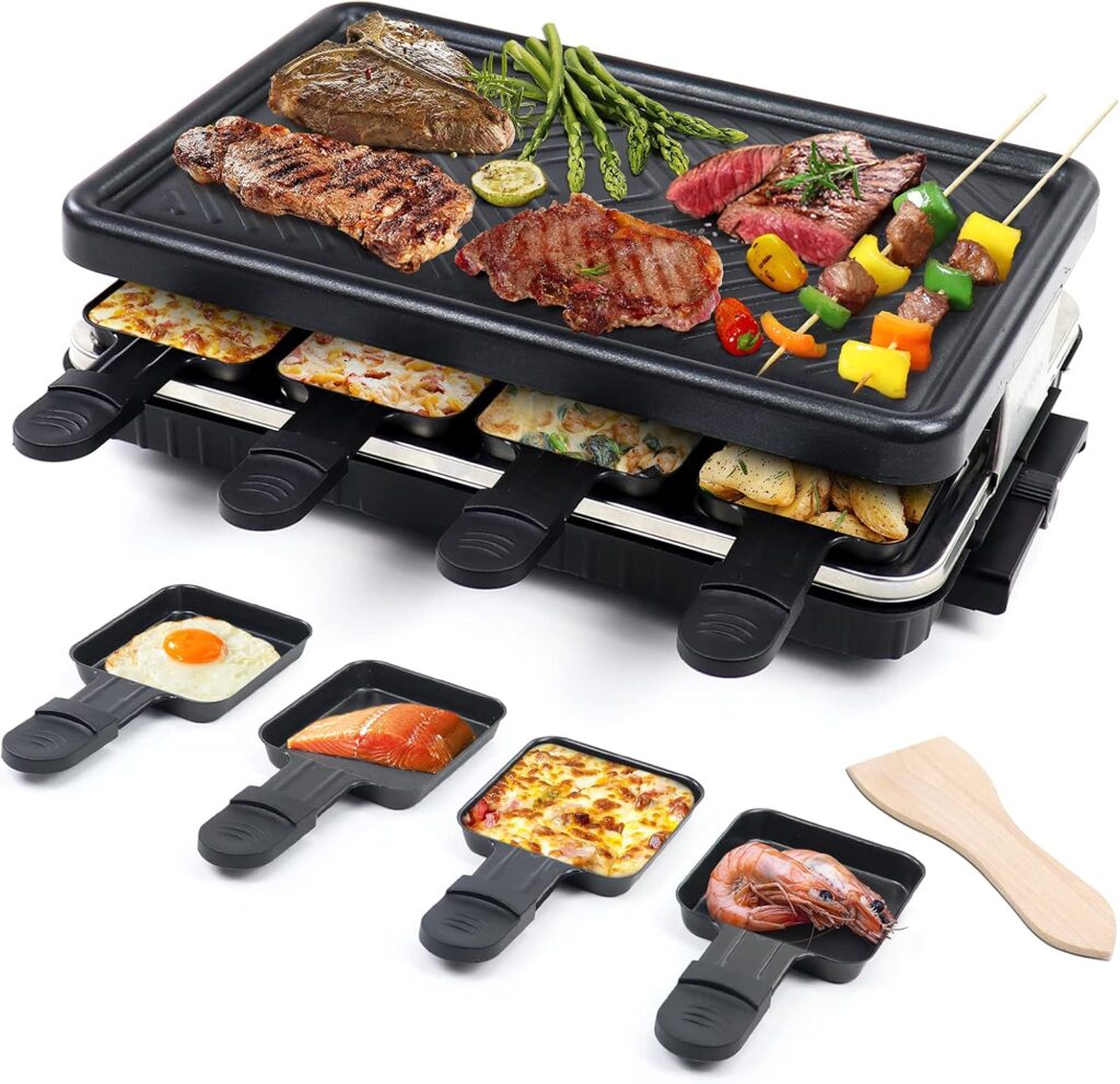 Korean BBQ Grill Portable Griddle Raclette Grill Nonstick with 8 Cheese Maker Pans Smokeless Indoor Grill Temperature Control & Dishwasher Safe 1300W Ideal for Parties Family Nights Christmas Gifts