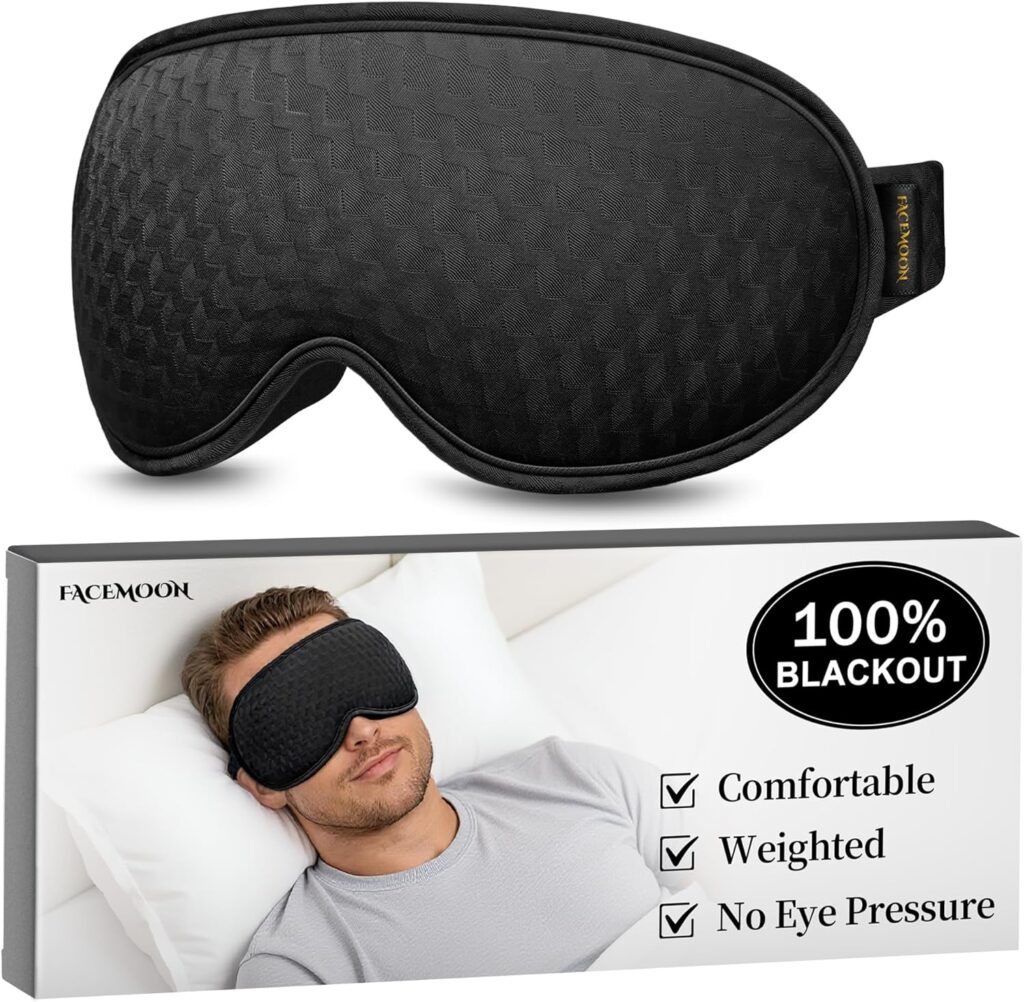 Blackout Sleep Mask: Weighted Eye Mask for Men Women – 3D Contoured Zero Pressure and Eyelash Free – Airplane Travel Nap Night Sleeping Blindfold – Adjustable Ear-Friendly Breathable Comfortable Black