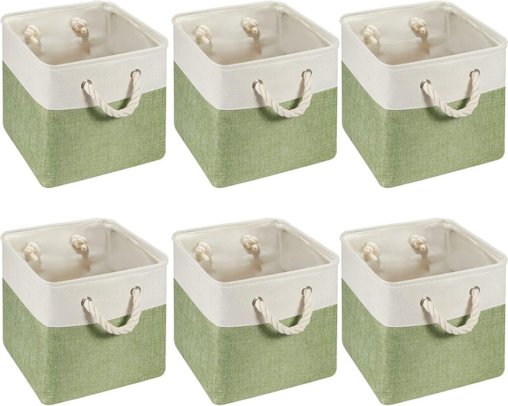 6 Pcs 11 x 11 Inch Cube Storage Bins Fabric Storage Organizer Bins Foldable Cube Baskets with Sturdy Carry Handles Wicker Baskets for Home (Green,White)