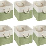 6 Pcs 11 x 11 Inch Cube Storage Bins Fabric Storage Organizer Bins Foldable Cube Baskets with Sturdy Carry Handles Wicker Baskets for Home (Green,White)
