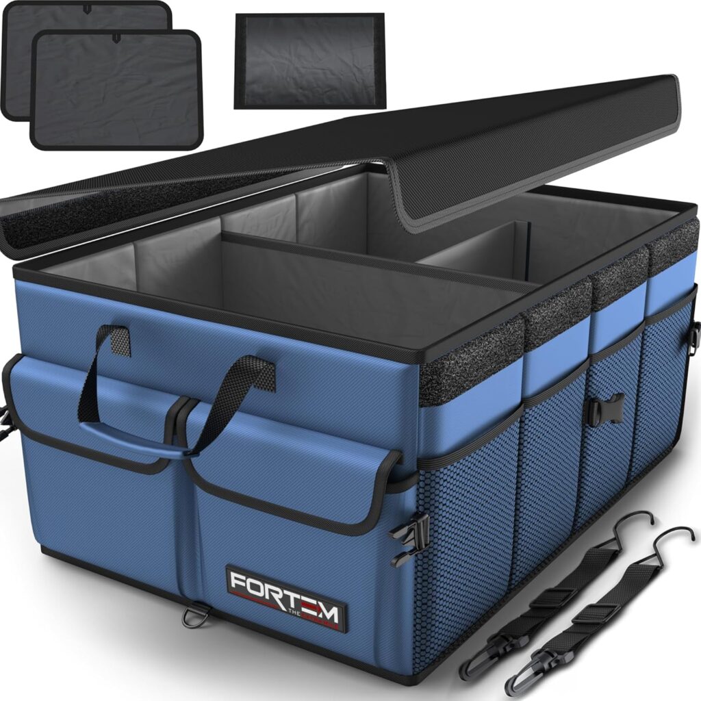 FORTEM Car Trunk Organizer, Collapsible Multi Compartment SUV Organizer, Foldable Storage for Car Accessories for Women Men, 600D Oxford, Non Slip Bottom, Securing Straps, Soft Cover (50L)