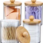 4 Pack Qtip Holder Dispenser with Bamboo Lids – 10 oz Clear Plastic Apothecary Jar Containers for Vanity Makeup Organizer Storage – Bathroom Accessories Set for Cotton Swab, Ball, Pads, Floss