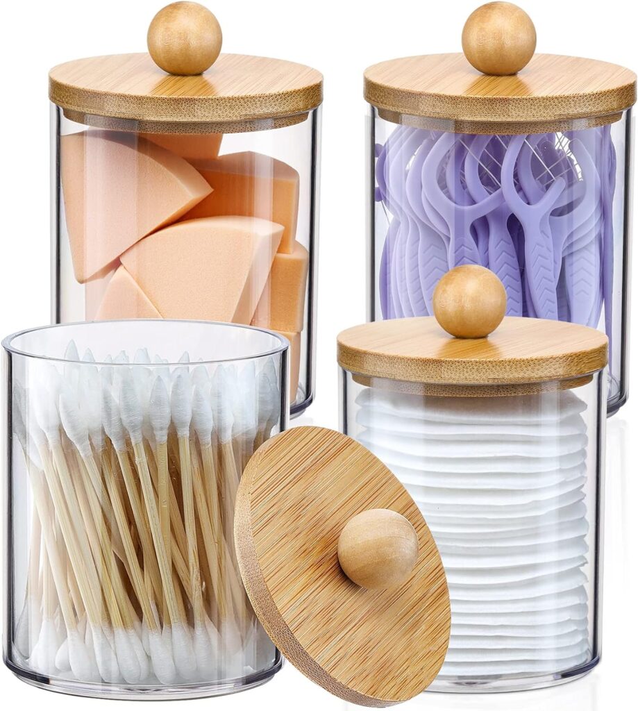 4 Pack Qtip Holder Dispenser with Bamboo Lids – 10 oz Clear Plastic Apothecary Jar Containers for Vanity Makeup Organizer Storage – Bathroom Accessories Set for Cotton Swab, Ball, Pads, Floss
