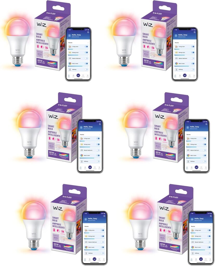 WiZ LED Smart Light Bulbs, Sunset to Sunrise Automation + Motion Detection + Control with Voice or App, Full Color A19 60W 800LM E26 Indoor, Matter Compatible – 6 Pack