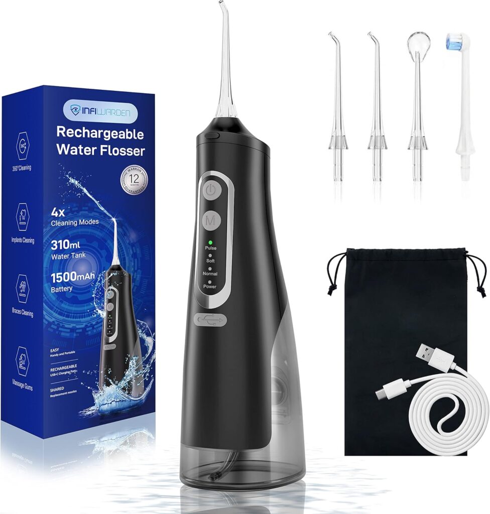 Cordless Water Flosser Teeth Cleaner Dental Oral Irrigator Picks Portable and Rechargeable 310ml Water Tank IPX7 Water Proof for Home and Travel Infiwarden (Black)