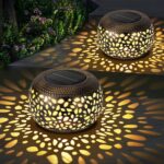 Solar Lanterns Waterproof Outdoor Decor: 2 Pack Hollow Out Retro Metal Solar Lights, Unique Gardening Gifts for Women Mom, Outside Garden Yard Porch Lawn Indoor Tabletop Decorations, 2 Lighting Colors