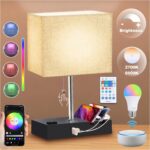 RGB Smart Table Lamp with Remote Control – Alexa Lamp for Bedroom with Voice & APP Control & Music Sync, Dimmable Nightstand Lamp with Charging Station for Living Room, Alexa Bulb Included