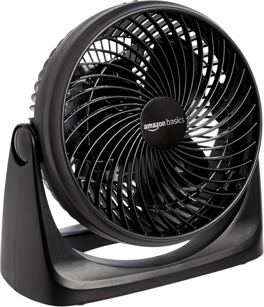 Amazon Basics Air Circulator Fan, Desk Fan for Bedroom, Home and Office, With 90-Degree Tilt Head, 3 Speed Settings, Lightweight (3 LBS), 35 Watts, Black, 11.1″W x 6.3″D x 10.9″H