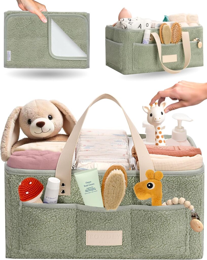 Baby Diaper Caddy Organizer with Portable Changing Mat – Teddy Fleece Diaper Organizer for Changing Table – Basket for Changing Essentials – Baby Essentials Organizer with Removable Dividers