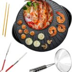 OVENTE Electric Hot Pot and Grill Combo, 2-in-1 Portable Countertop Cooker with Temperature Control Perfect for Korean BBQ, Shabu Shabu and Soup with Free Strainer, Chopsticks and Tong, Black GH10133B
