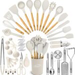 Kaluns 50 PCS Silicone Kitchen Utensils Set Complete Kitchen Set – 800°F Heat Resistant Non-Stick Premium Cooking Utensils W Wooden Handles – Can Opener, Masher, Turner, Silicone Spatula Set