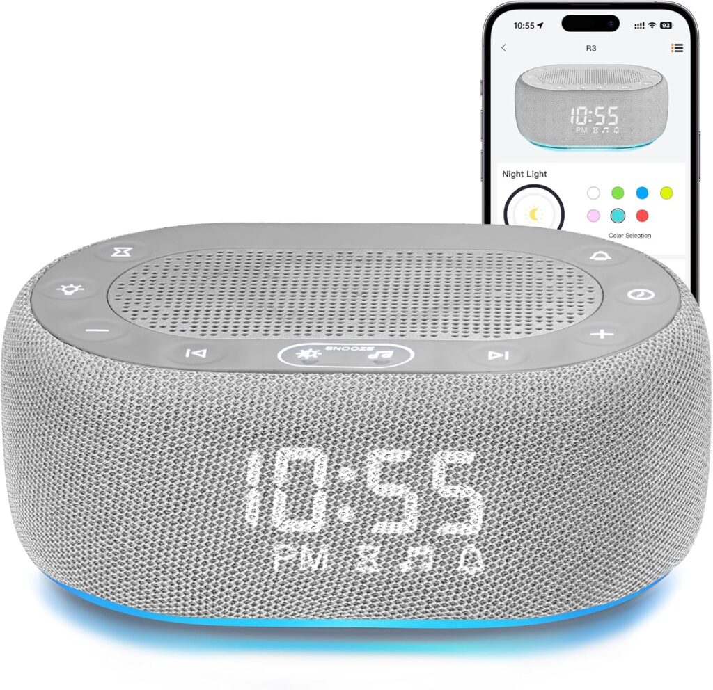 1Mii White Noise Sound Machine for Sleep, Pink Noise Machines for Baby Adults Sleeping, 18 Soothing Sounds with 7-Color Night Light, Timer, Alarm Clock, 16 Volume Levels, Remote App Control – Grey