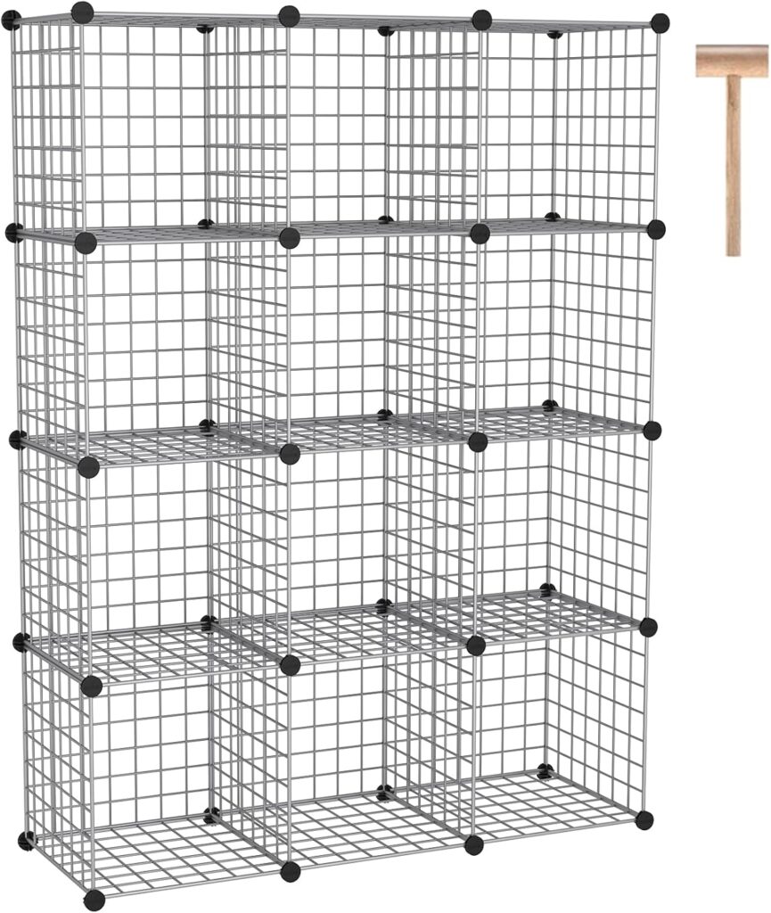 C&AHOME Wire Cube Storage, 12 – Cube Organizer Metal C Grids, Modular Shelves Units, Closet Organizer, Ideal for Home, Office, Living Room, 36.6”L x 12.4”W 48.4”H, Silver Gray UWCS3012G