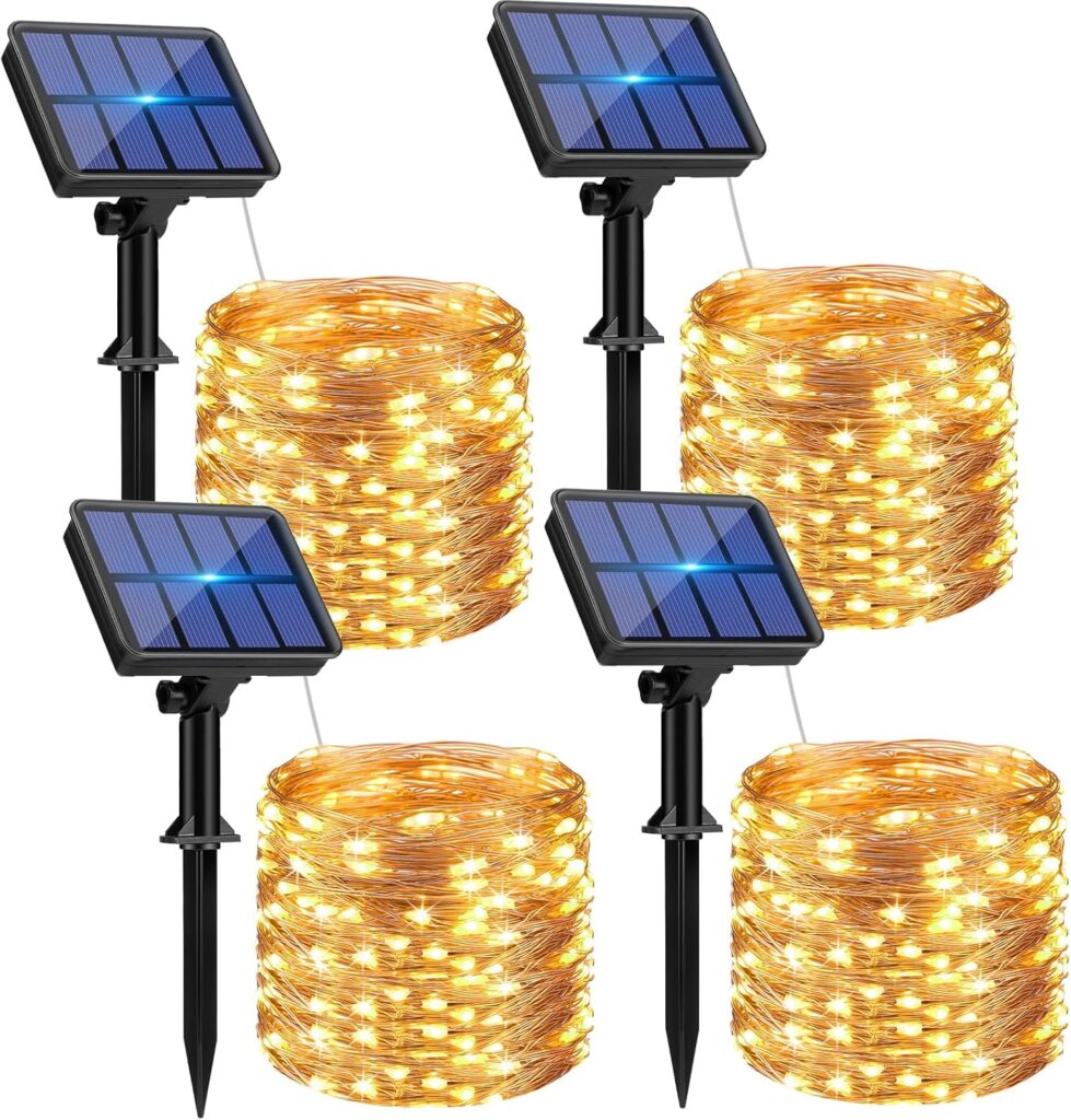 4 Pack Solar String Lights Outdoor – 320LED 132FT Solar Fairy Lights Waterproof 8 Modes, Copper Wire Solar Powered Twinkle Lights for Outside Tree Garden Christmas Wedding Party Decor (Warm White)