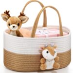 Cute Christmas Deer Diaper Caddy Organizer Cotton Rope Woodland Nursery Storage Bin Basket Baby Shower Xmas Basket Gift Portable Holder Tote Bag with Handle for Changing Table Car Travel(L)