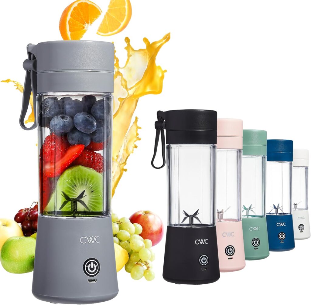 COOK WITH COLOR Mini Portable Blender – 250W Power, 12oz Capacity, Stainless Steel Blade, Wireless/USB Rechargeable, Grey