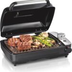 Hamilton Beach Electric Indoor Grill with Hot and Cold Smoke Infuser, 150°F – 450°F Temperature Control For Searing, Vented Hood and Fan, 116 Sq. In. Non-Stick Cooking Surface, Black (25375)