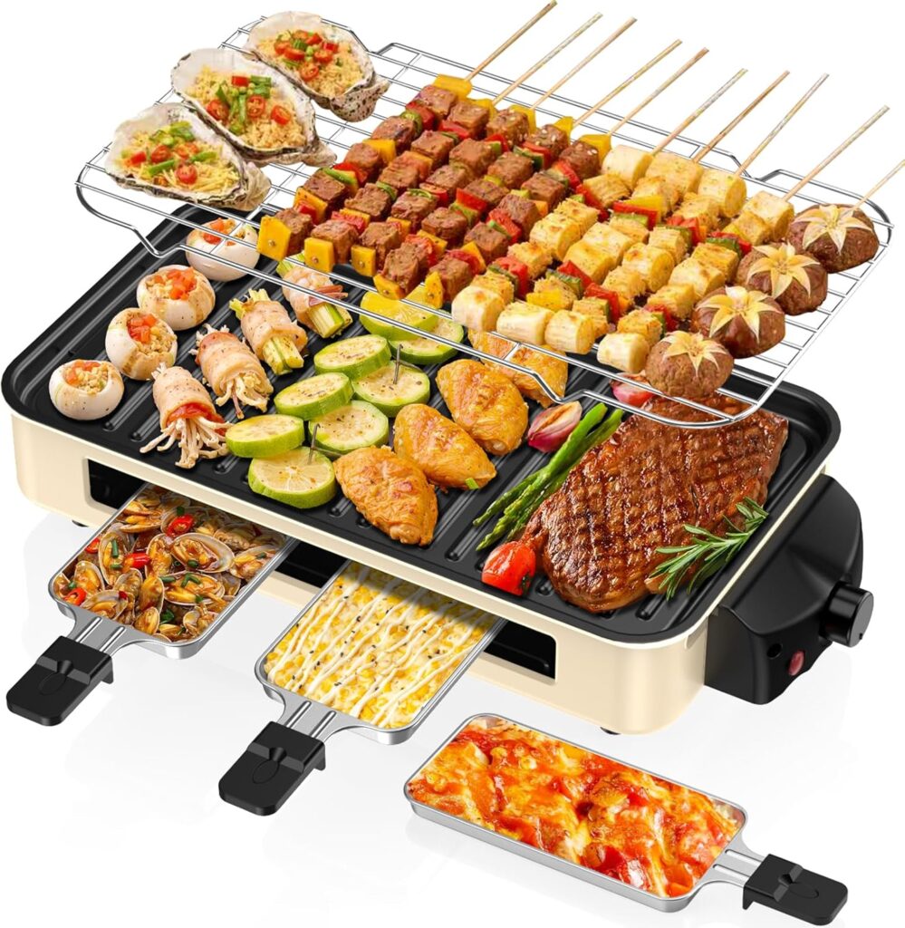 Electric Indoor Grill 1500W -2 in 1 Smokeless Indoor Grill for Kitchen with Non-stick Removable Grill & Griddle Plate,Temperature Control Korean BBQ Grill with 3 Cheese Pans Dishwasher Safe