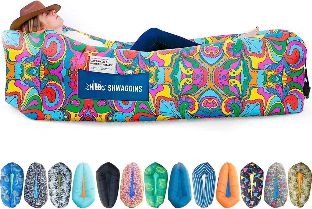 Chillbo Shwaggins Inflatable Couch – No-Pump Setup, Ripstop Polyester, Stability Pegs, Fun Prints, Portable Air Lounger for Beach, Camping, Festivals, and Tailgating – 60s Psychedelic